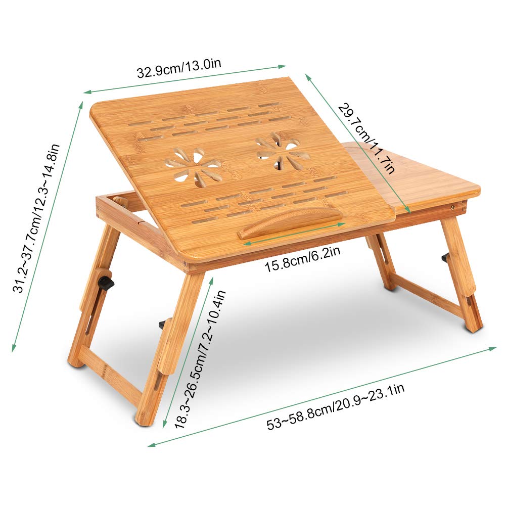 Ejoyous Table de Lit Bambou Réglable Pliable Ordinateur