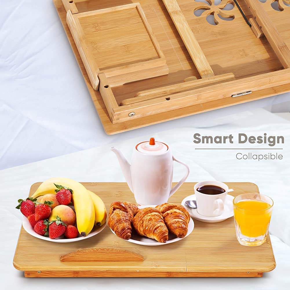 Ejoyous Bedside Table table de lit pliable bambou 50x30 cm tiroir