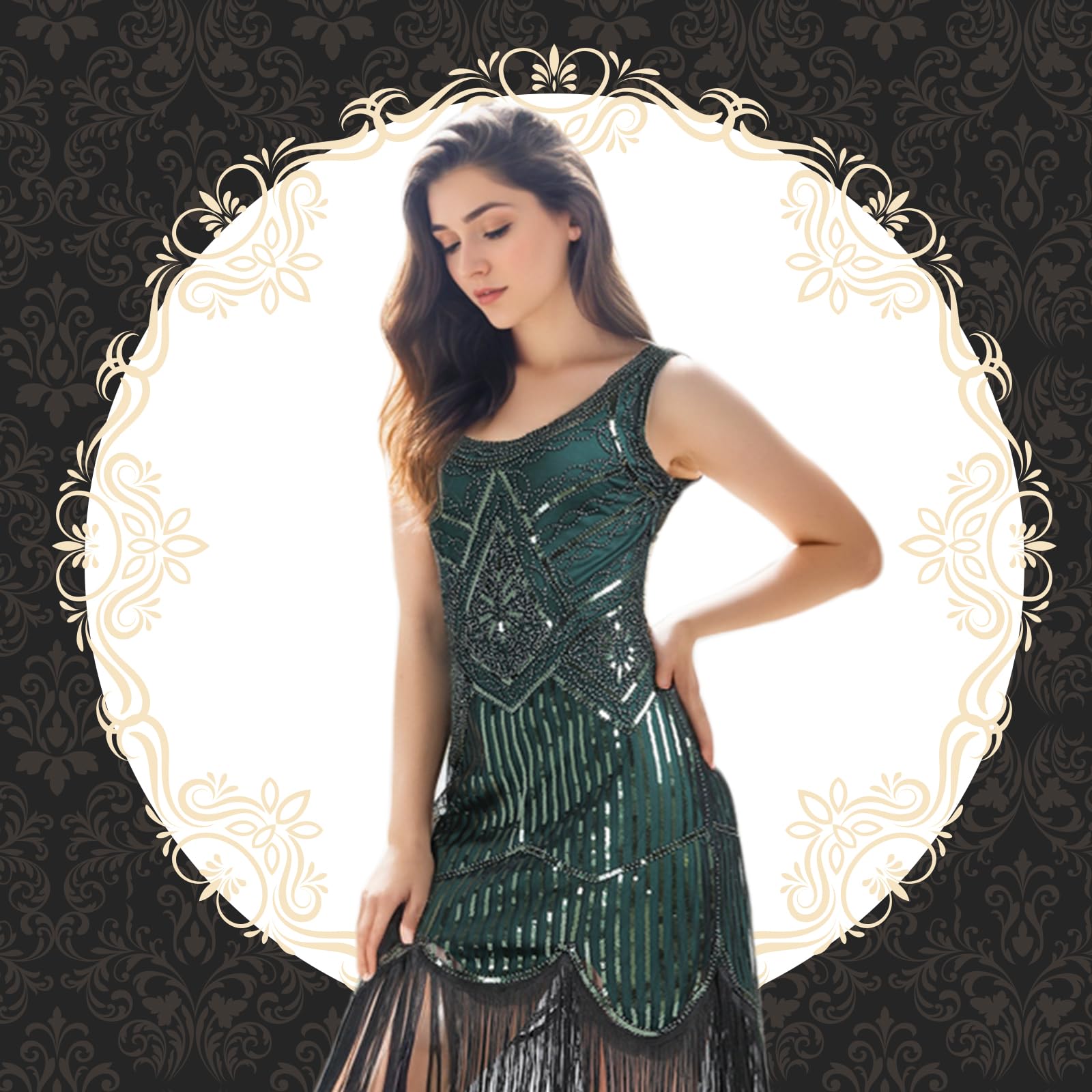 FEPITO Apparel robe charleston franges sequins col V + accessoires