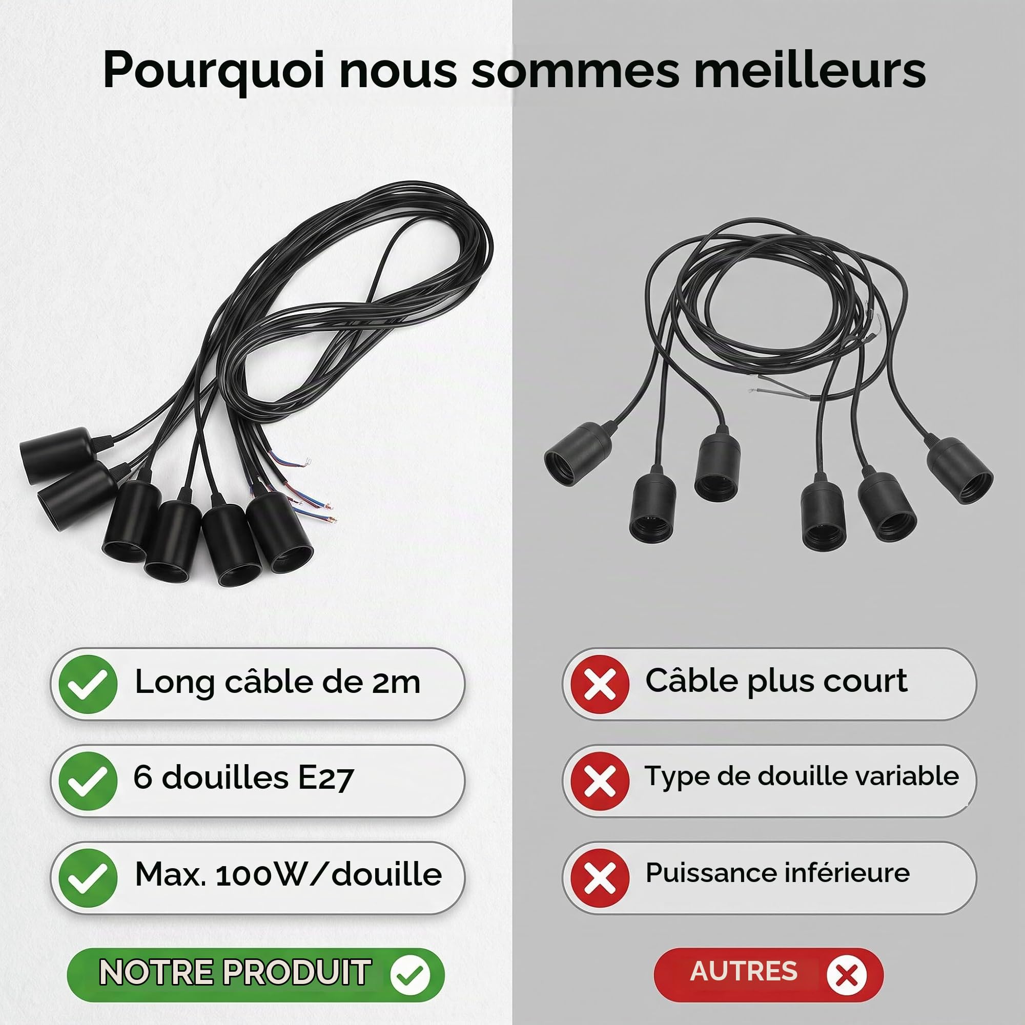 Ejoyous Living lustre araignée 6 têtes E27 noir câbles 2m