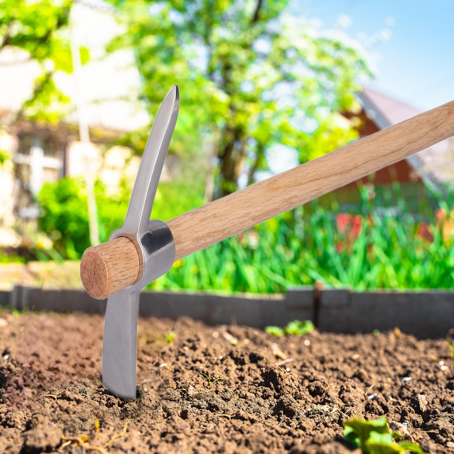 Tissting Gardening Tools pioche de jardin inox 40 cm manche bois