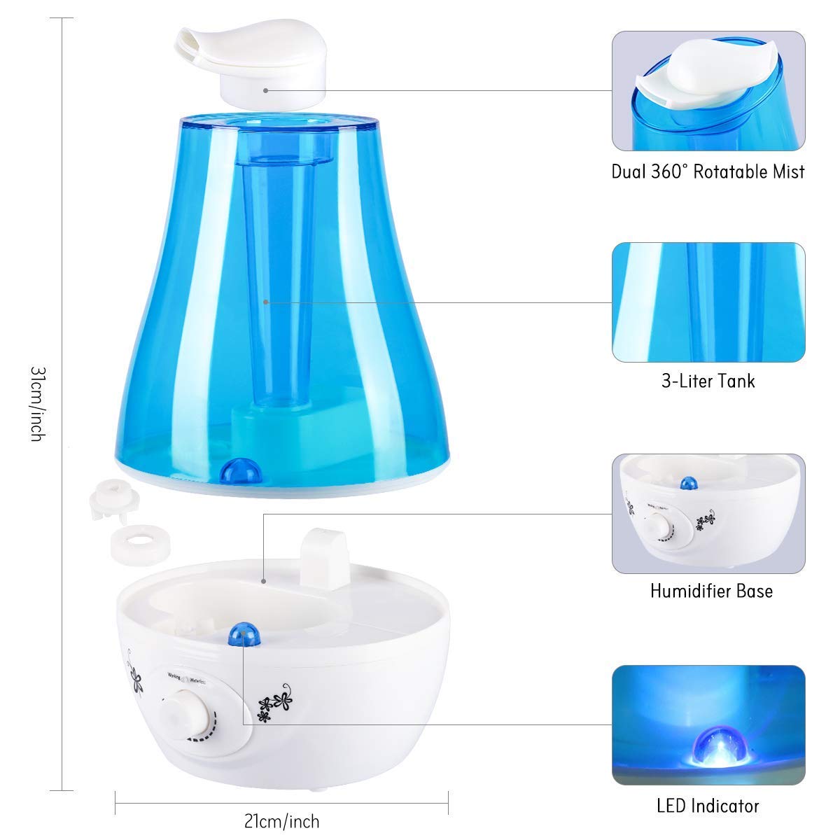 Ejoyous Living Room Humidificateur Ultrasons 3L Bleu