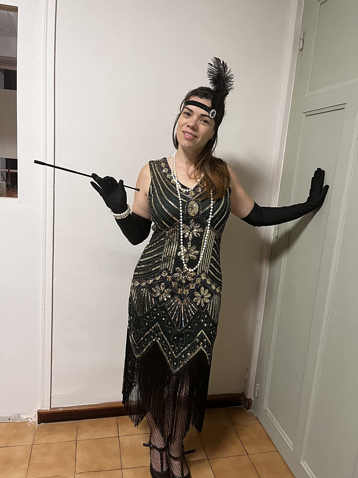 FEPITO Robe Gatsby 1920 robe Charleston à franges noir et doré taille M