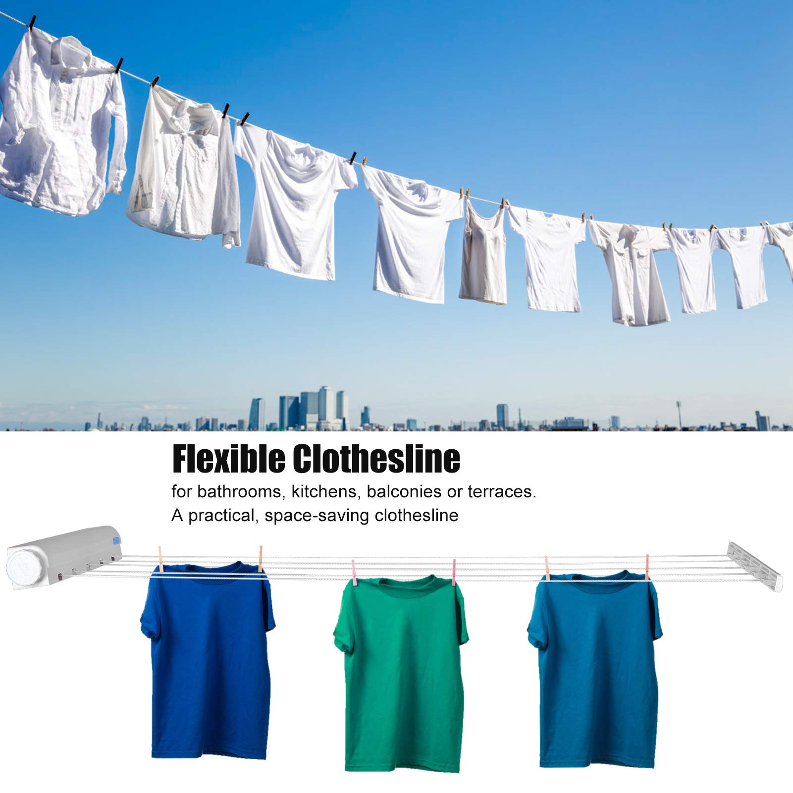 Tissting Corde à Linge Rétractable Murale 5 Fils plastique
