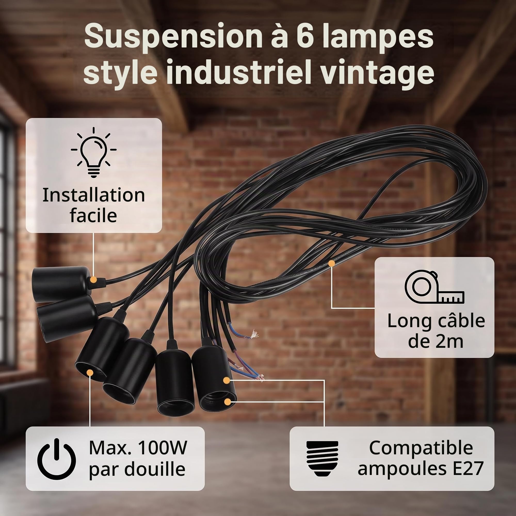 Ejoyous Living lustre araignée 6 têtes E27 noir câbles 2m