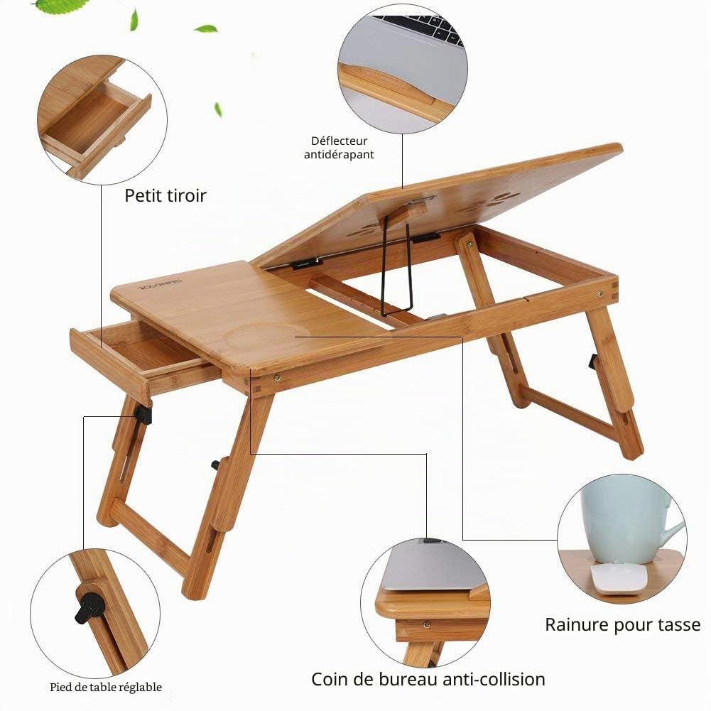 Ejoyous Table de lit bambou pliable tiroir réglable