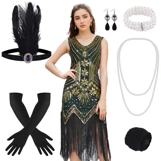 FEPITO Robe Gatsby 1920 robe Charleston à franges noir et doré taille M