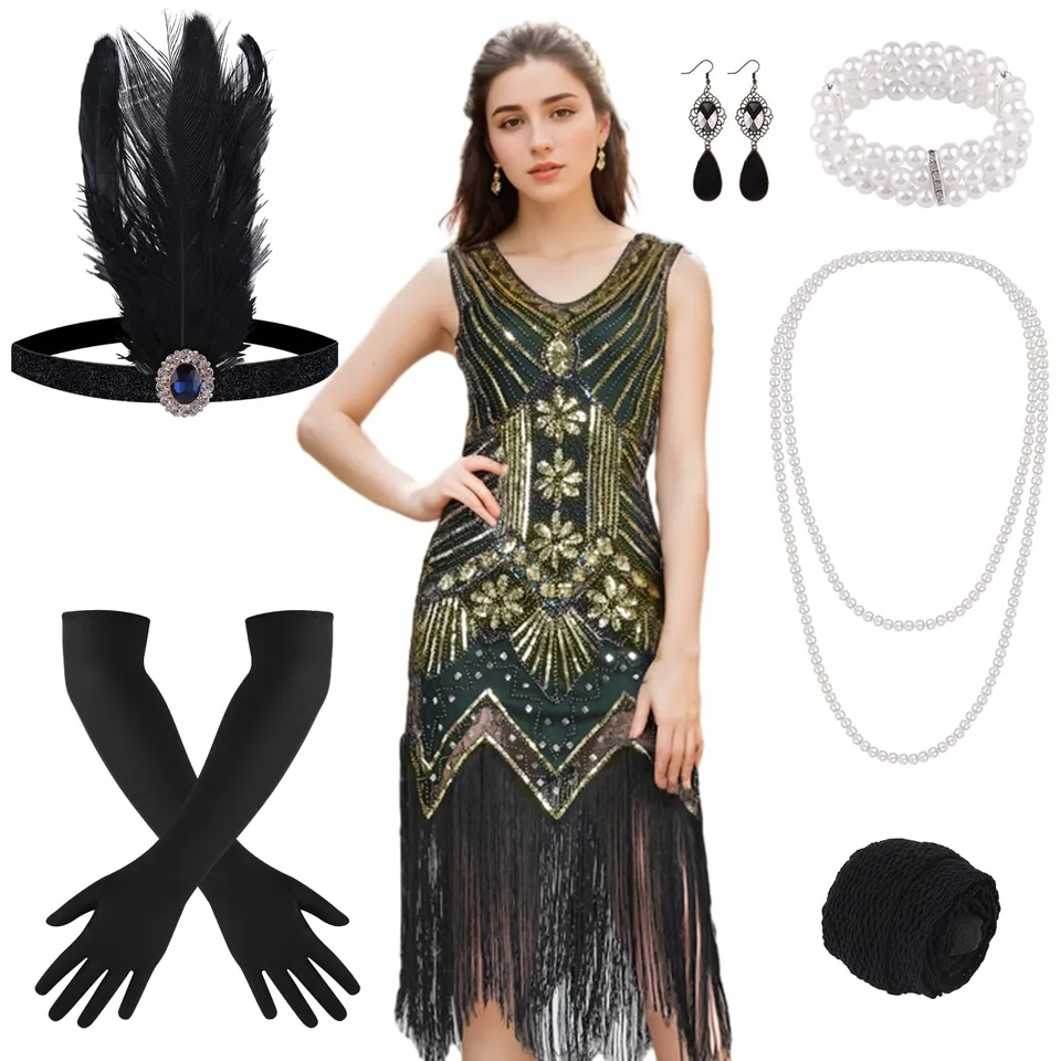 FEPITO Robe Gatsby 1920 robe Charleston à franges noir et doré taille M