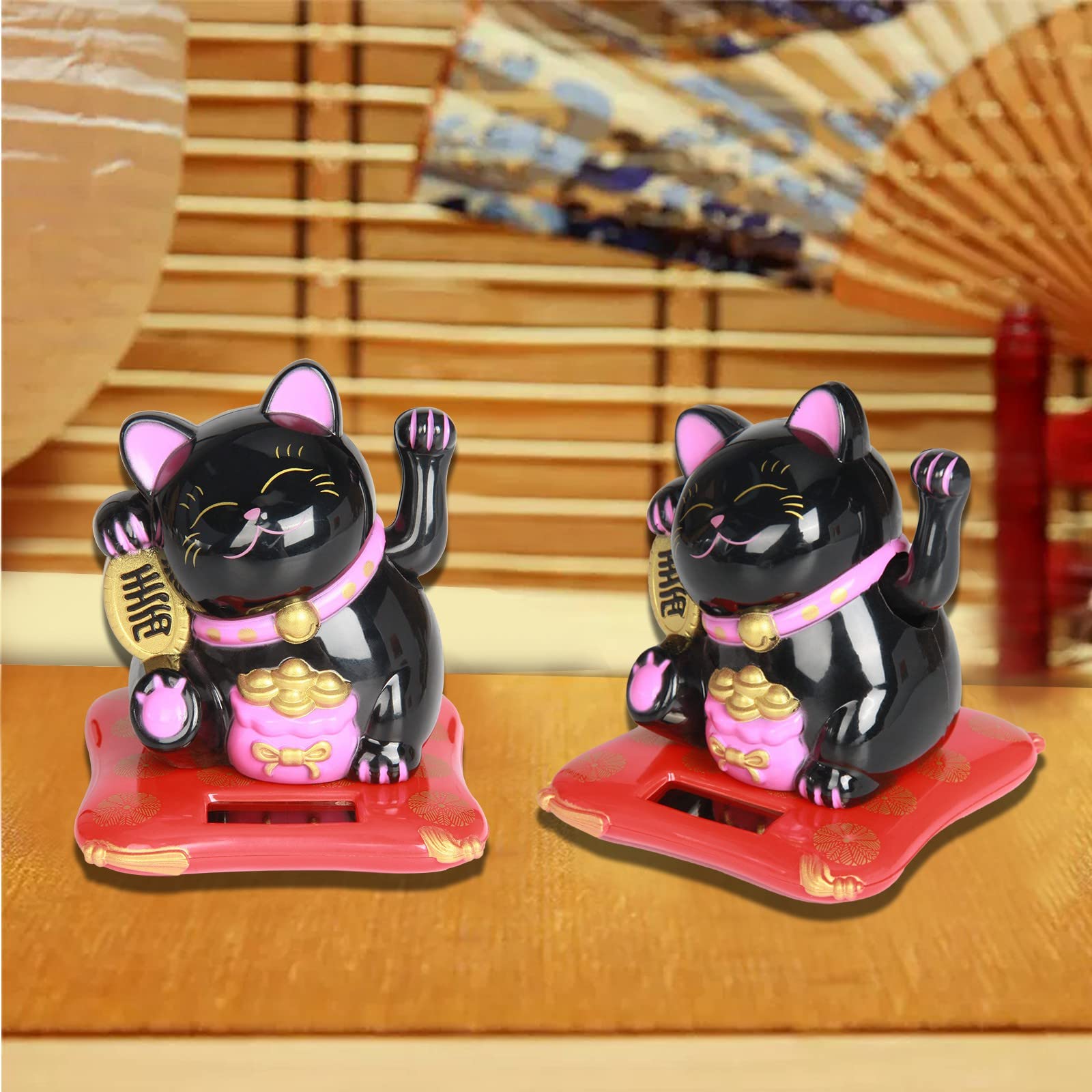 Jadeshay Maneki Neko chat porte-bonheur solaire noir