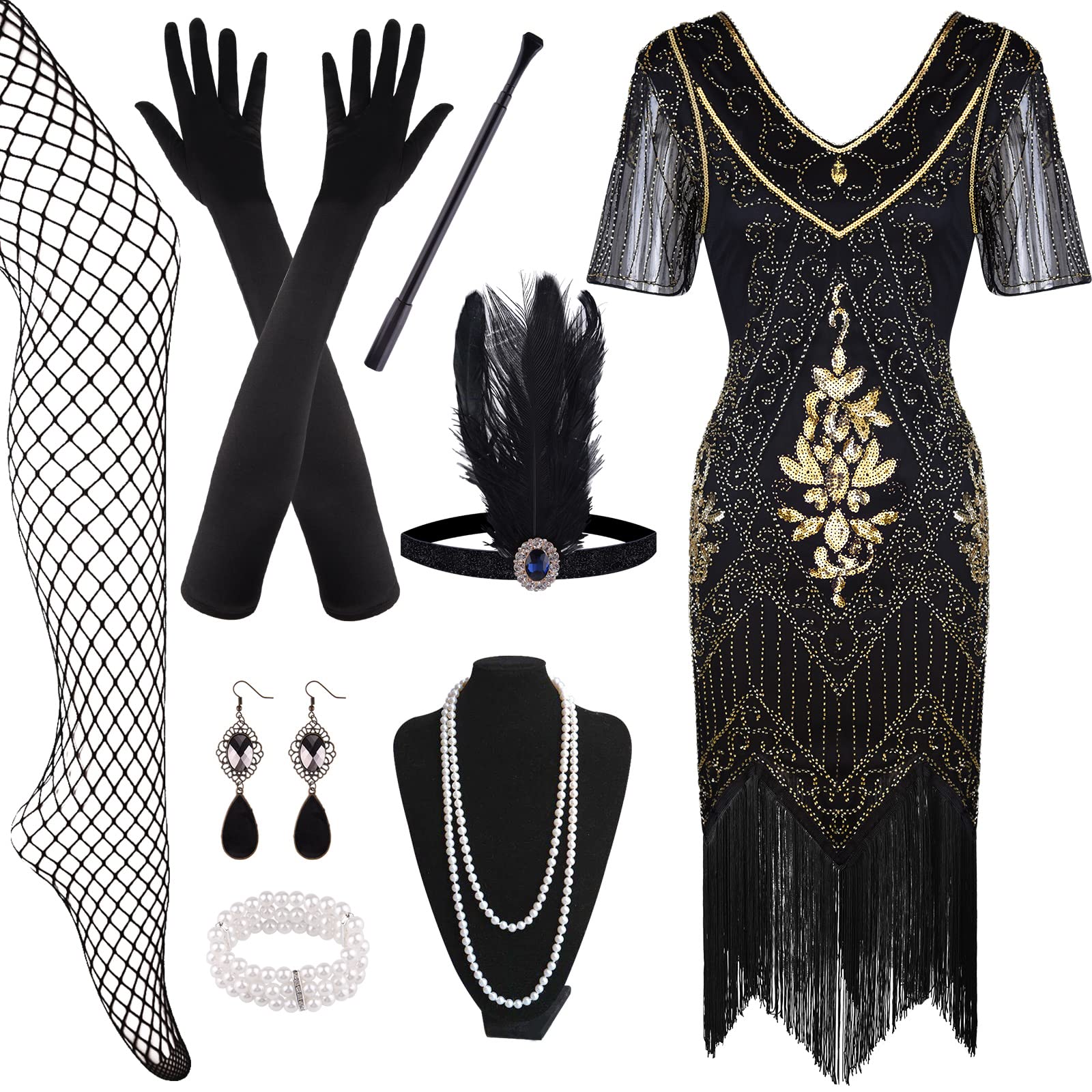 FEPITO robe charleston sequins franges années 20 avec accessoires