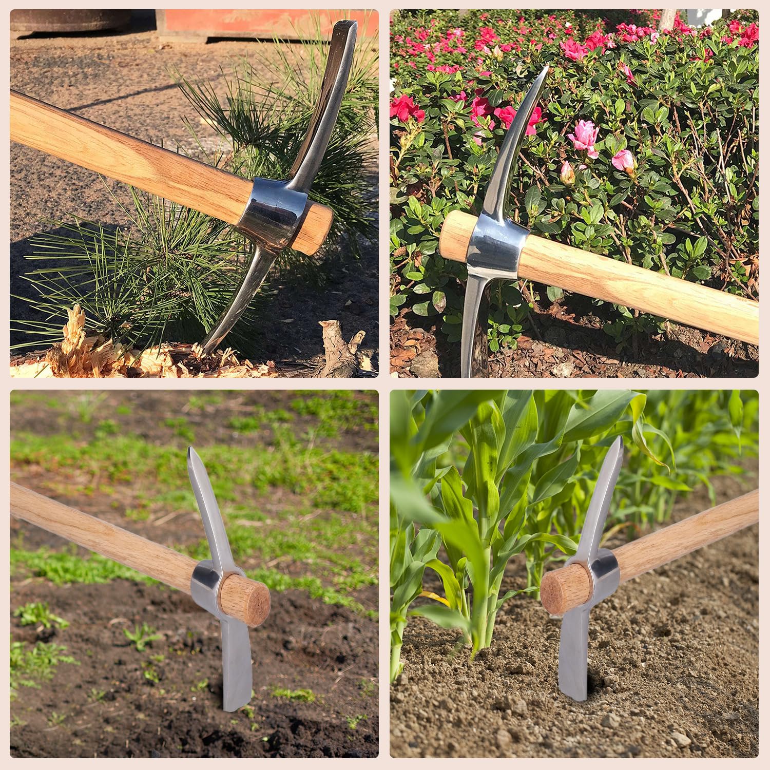 Tissting Gardening Tools pioche de jardin inox 40 cm manche bois