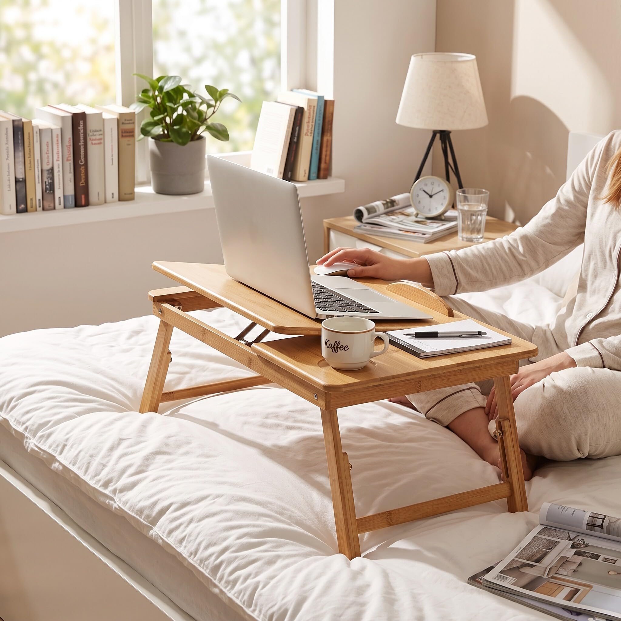Ejoyous Table de lit bambou pliable tiroir réglable