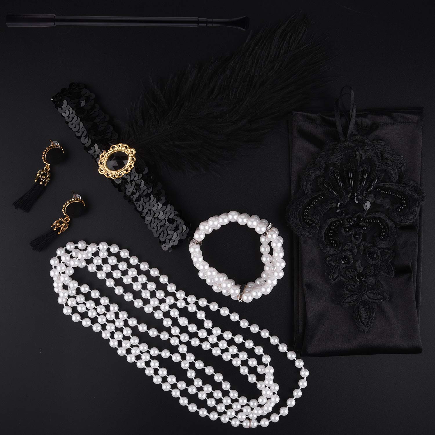 FEPITO Accessoires Années 20 Femme Noir Doré Déguisement
