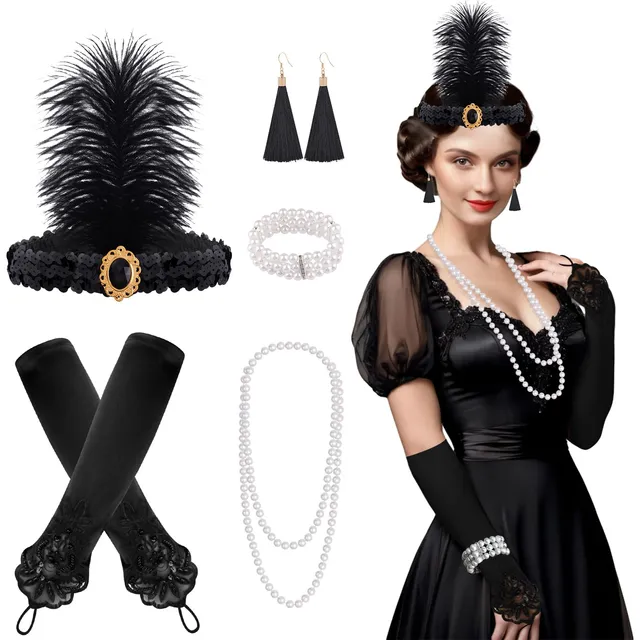 FEPITO Accessoires Années 20 Femme Noir Doré Déguisement