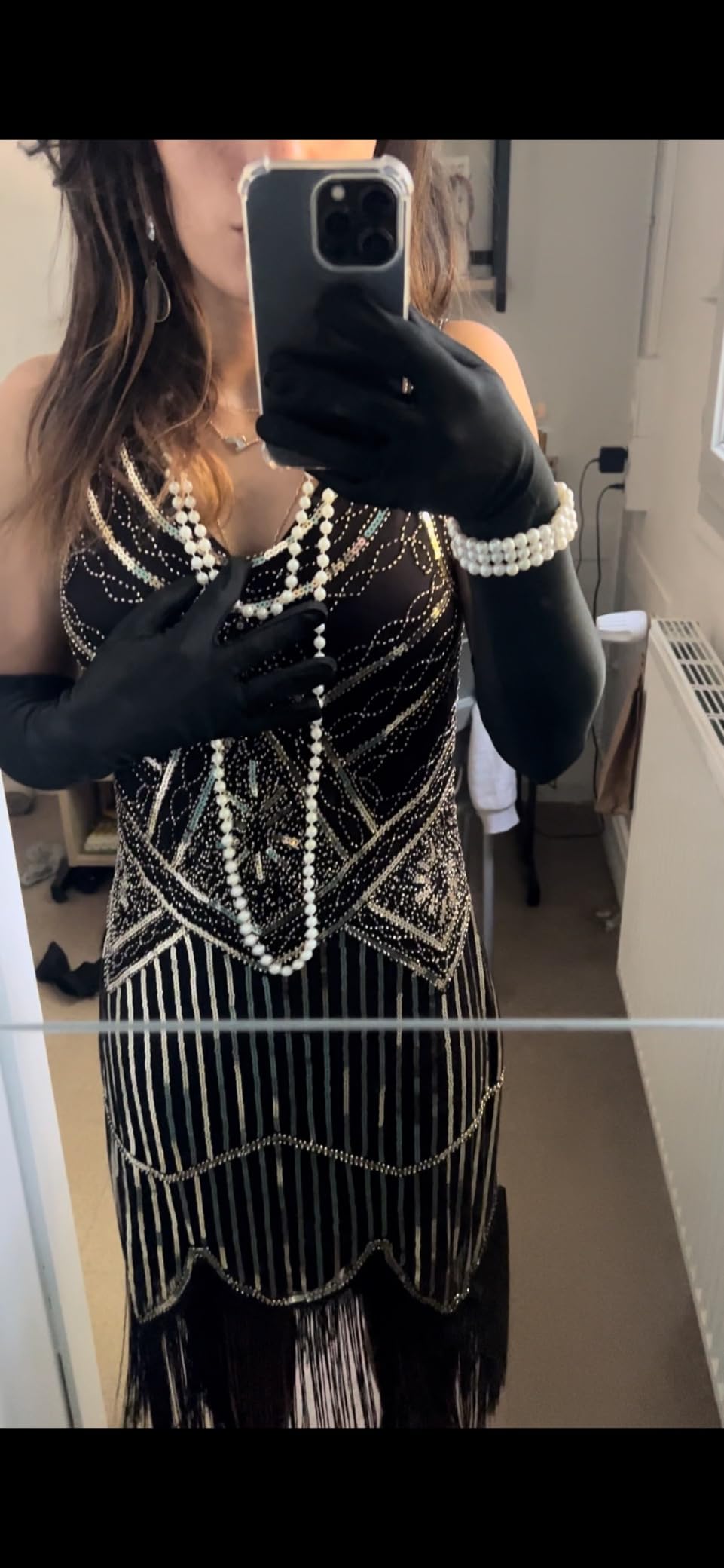 FEPITO Robe Gatsby 1920 robe Charleston à franges noir et doré taille M