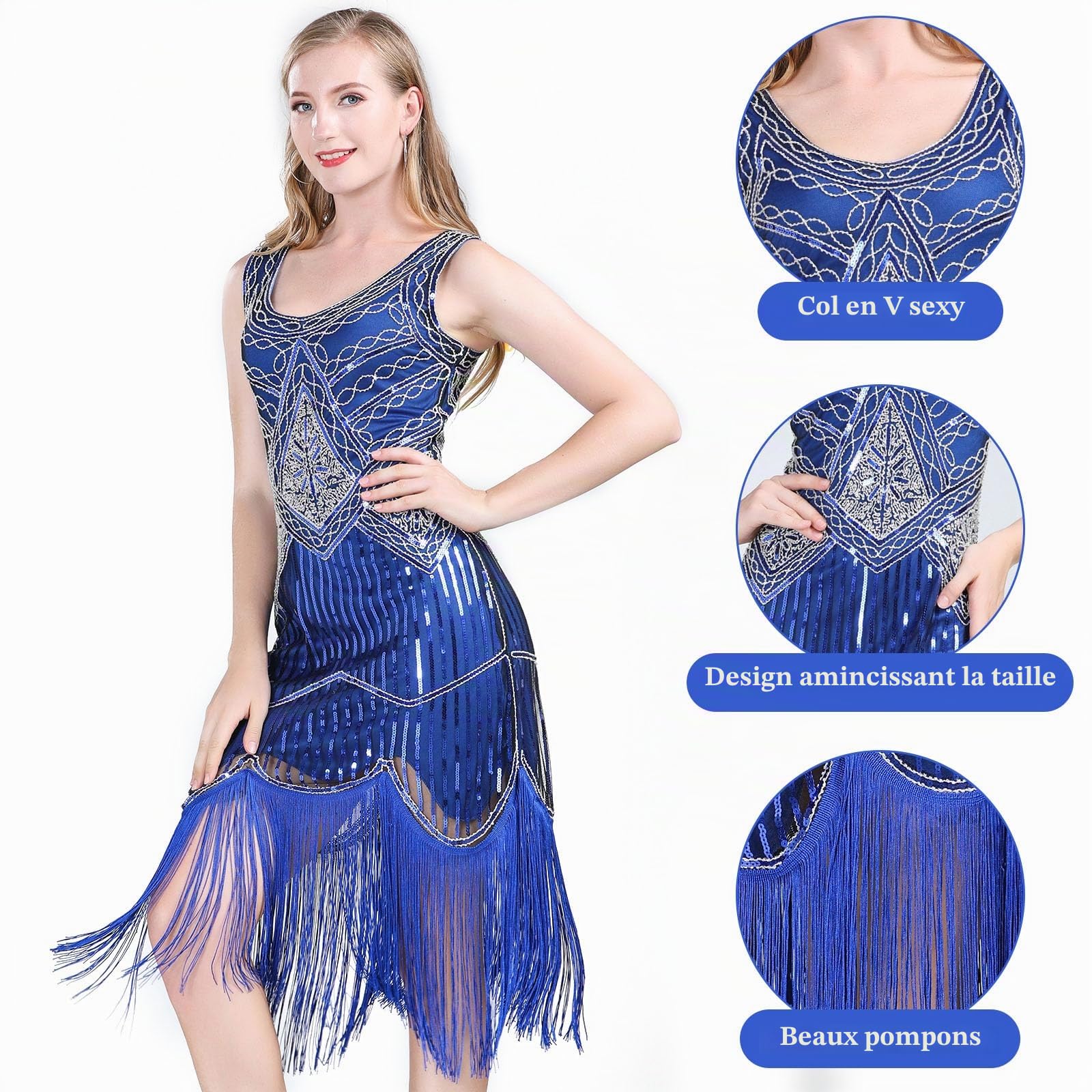 FEPITO Apparel robe charleston franges sequins col V années 20