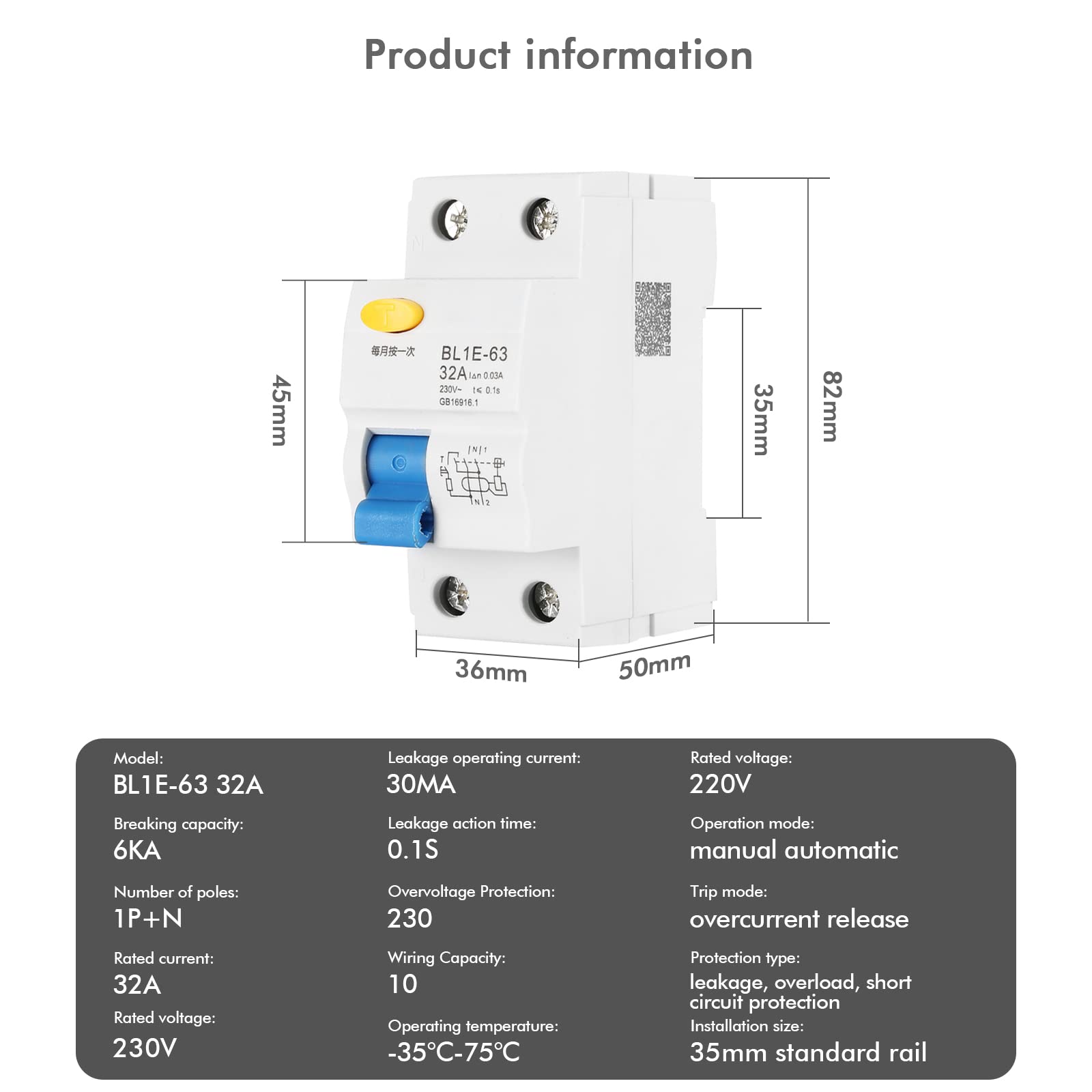 Jadeshay Installation Électrique disjoncteur 32A 30mA BL1E-63