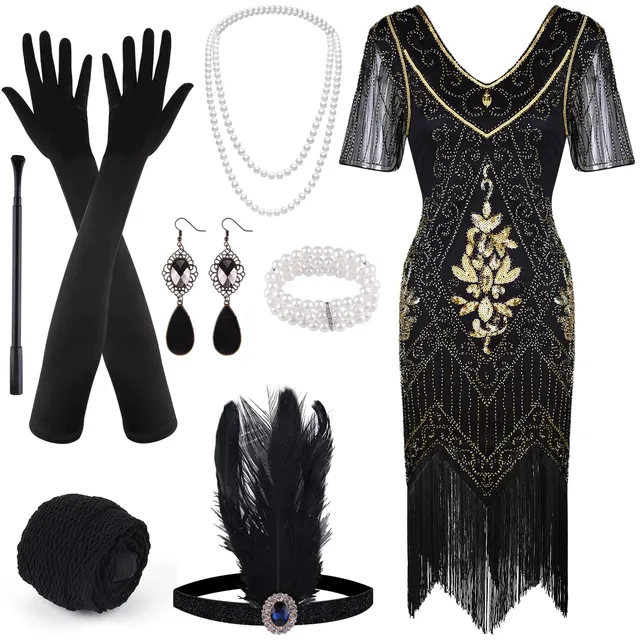 FEPITO robe charleston sequins franges années 20 avec accessoires