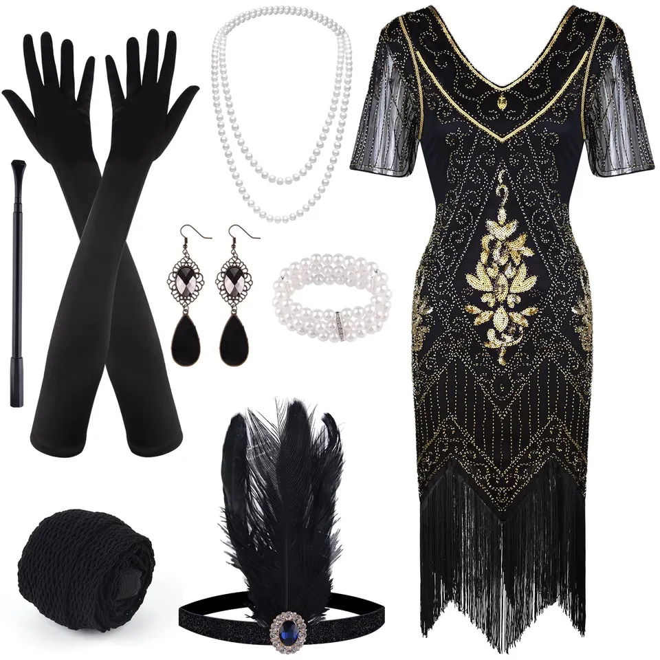 FEPITO robe charleston sequins franges années 20 avec accessoires