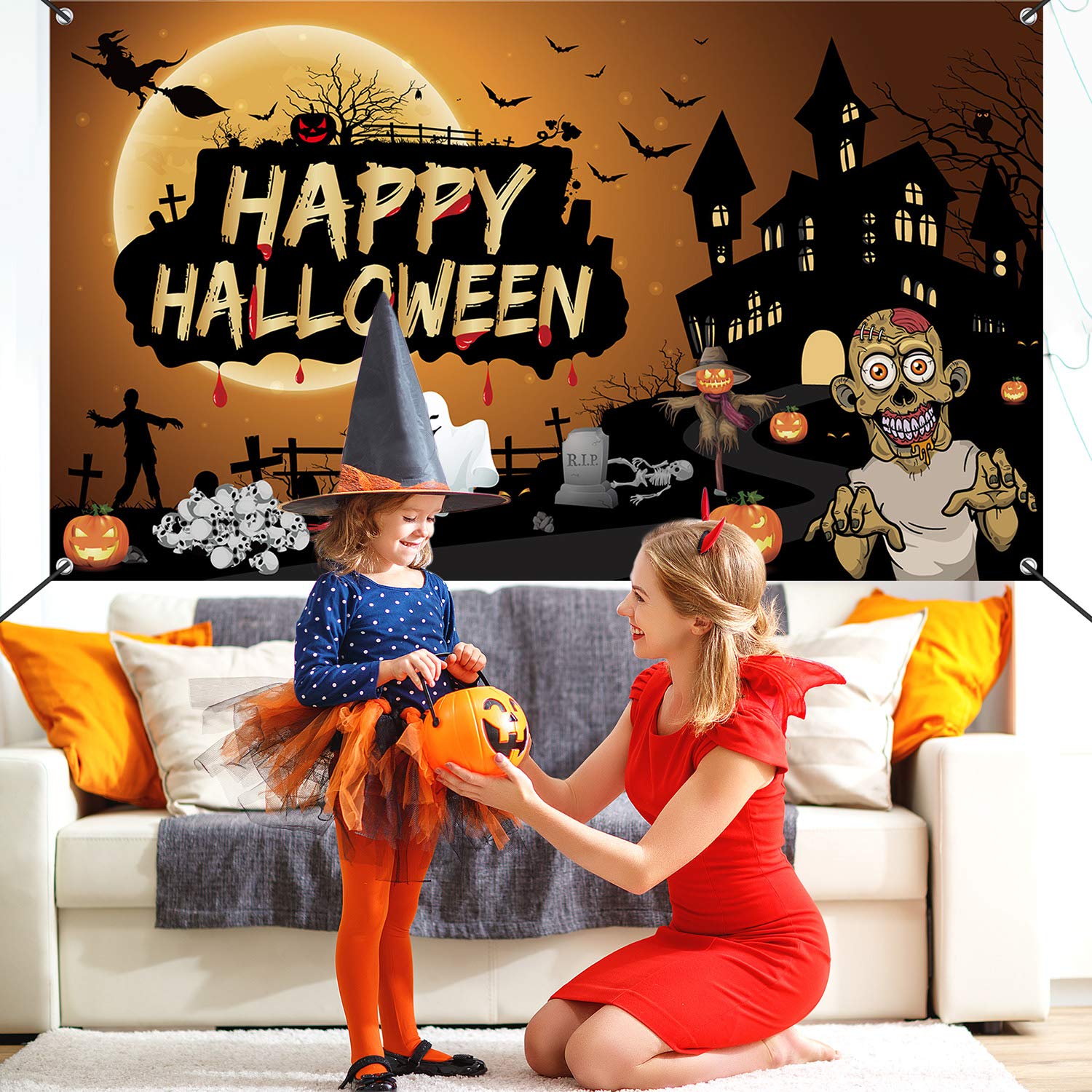 FEPITO Party Bannière Halloween 180x105 cm Tissu Citrouille