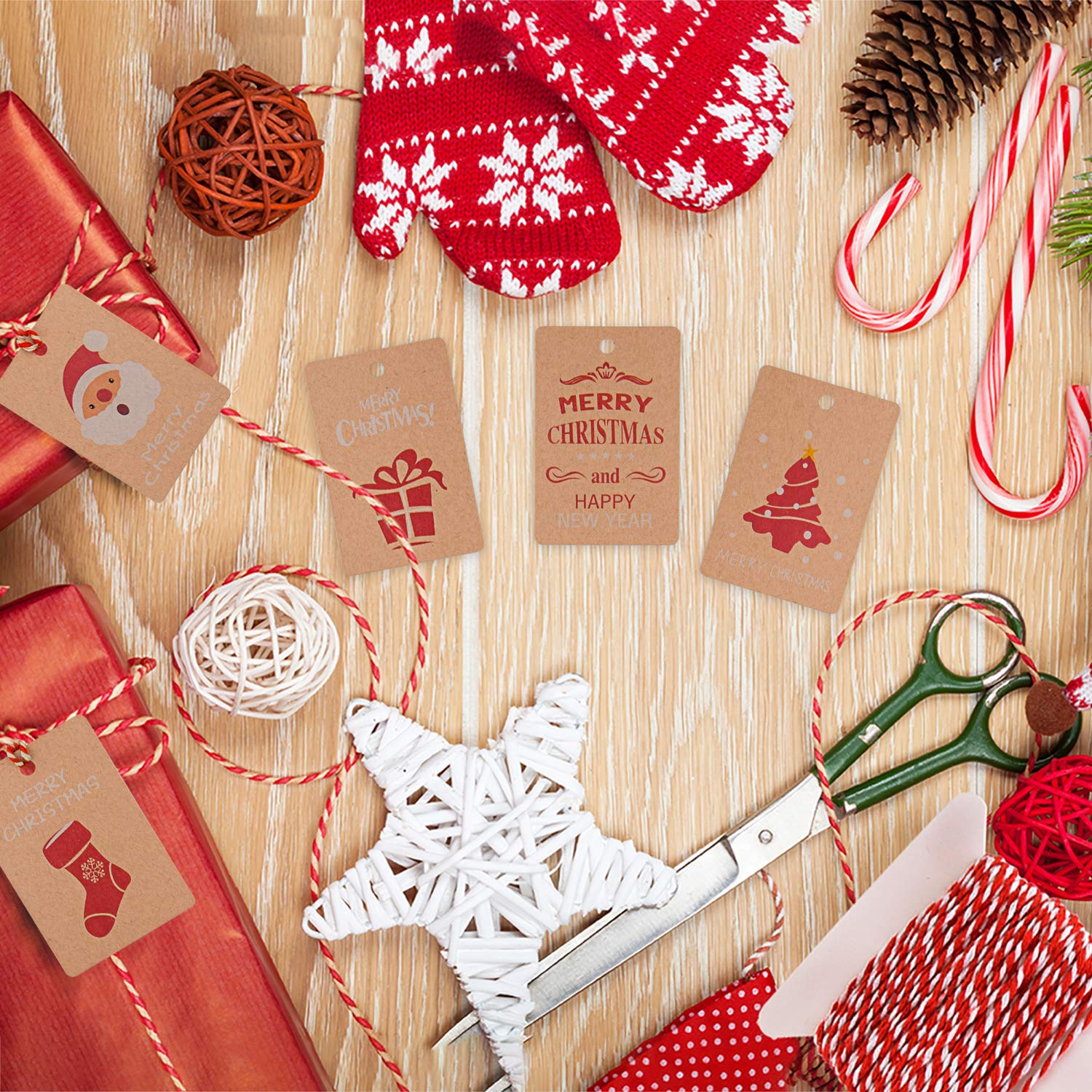FEPITO Greeting Cards 50 étiquettes cadeau Noël kraft ficelle
