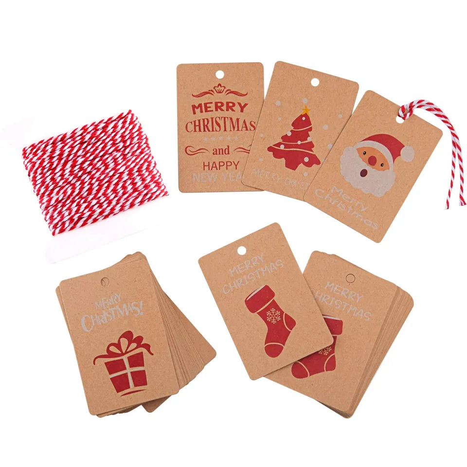 FEPITO Greeting Cards 50 étiquettes cadeau Noël kraft ficelle