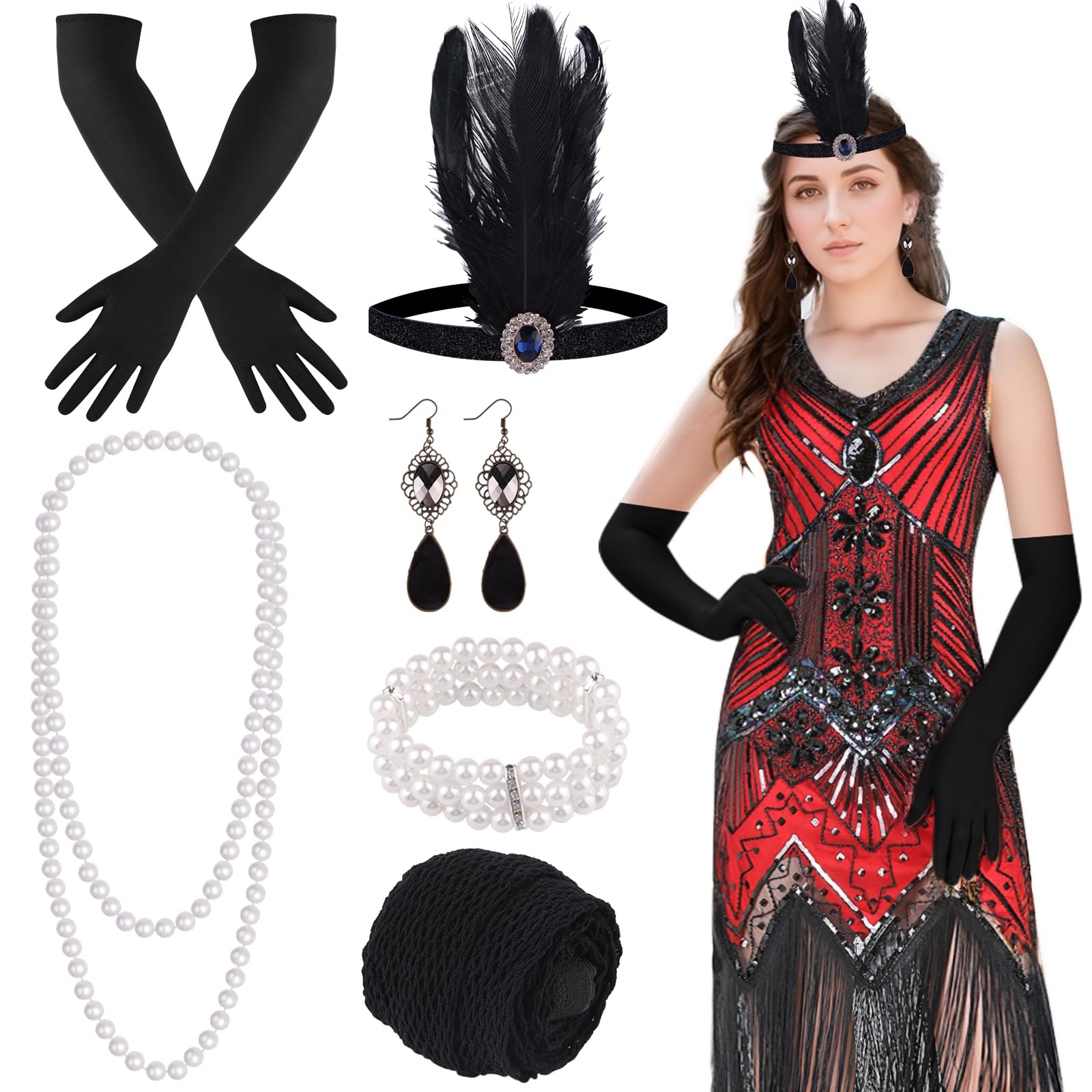 FEPITO Robe Gatsby 1920 robe Charleston à franges noir et doré taille M