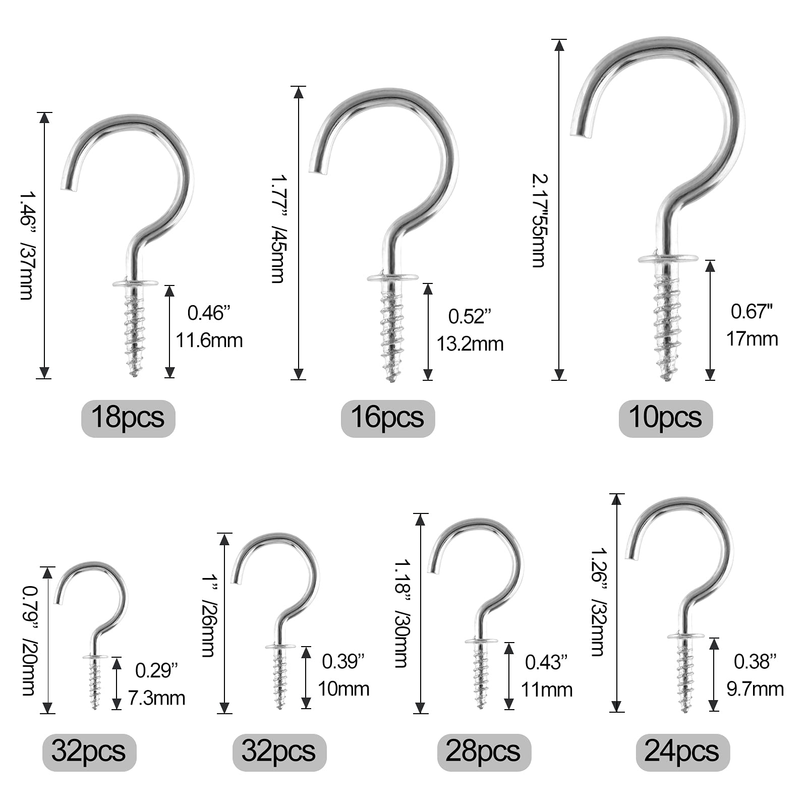 FEPITO 160 crochets à vis argent 7 tailles acier