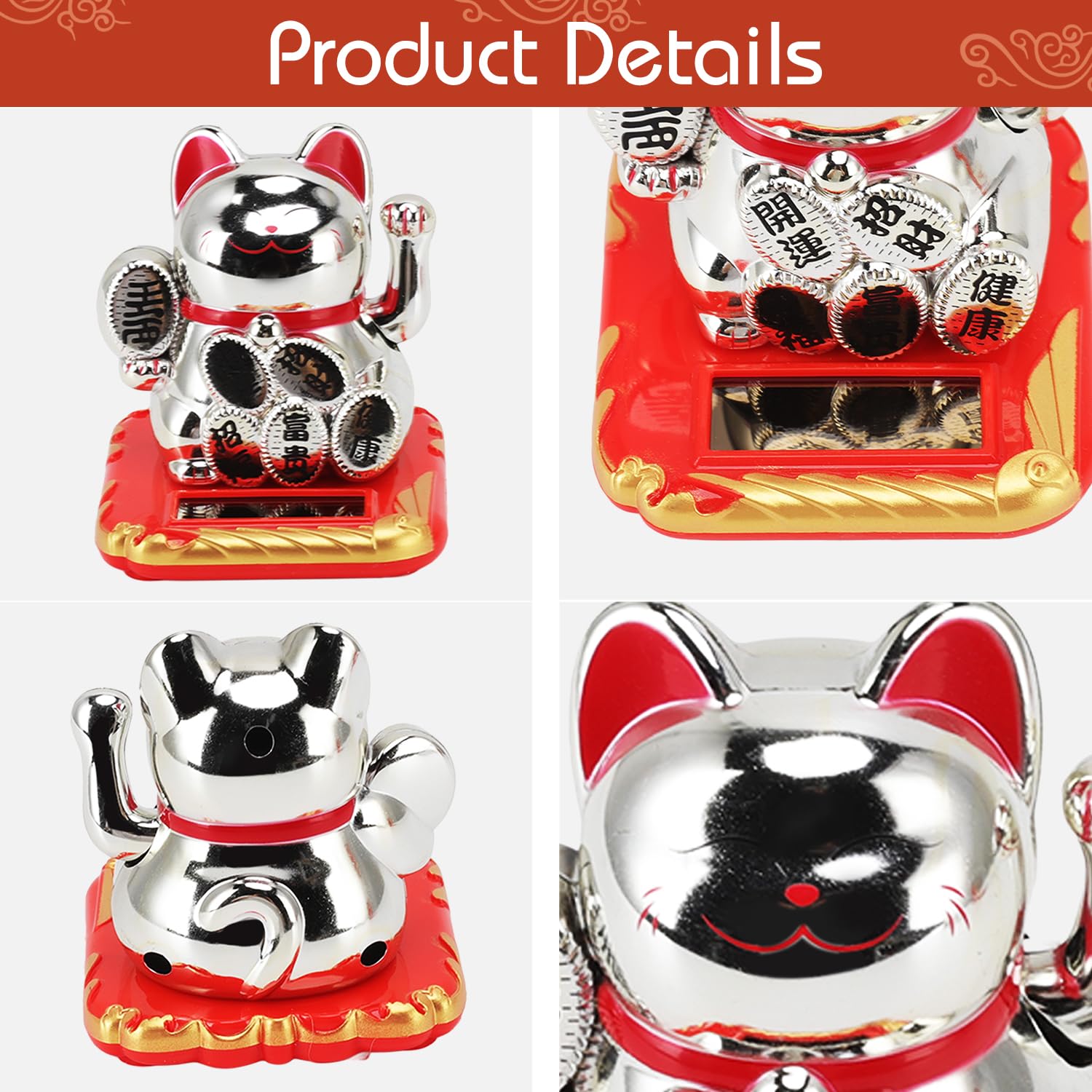 Tissting Outdoor chat ondulant solaire maneki neko argent