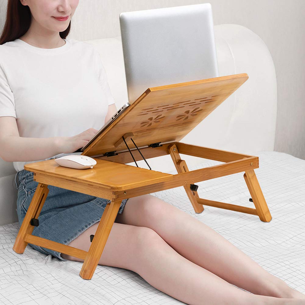 Ejoyous Table de Lit Bambou Réglable Pliable Ordinateur