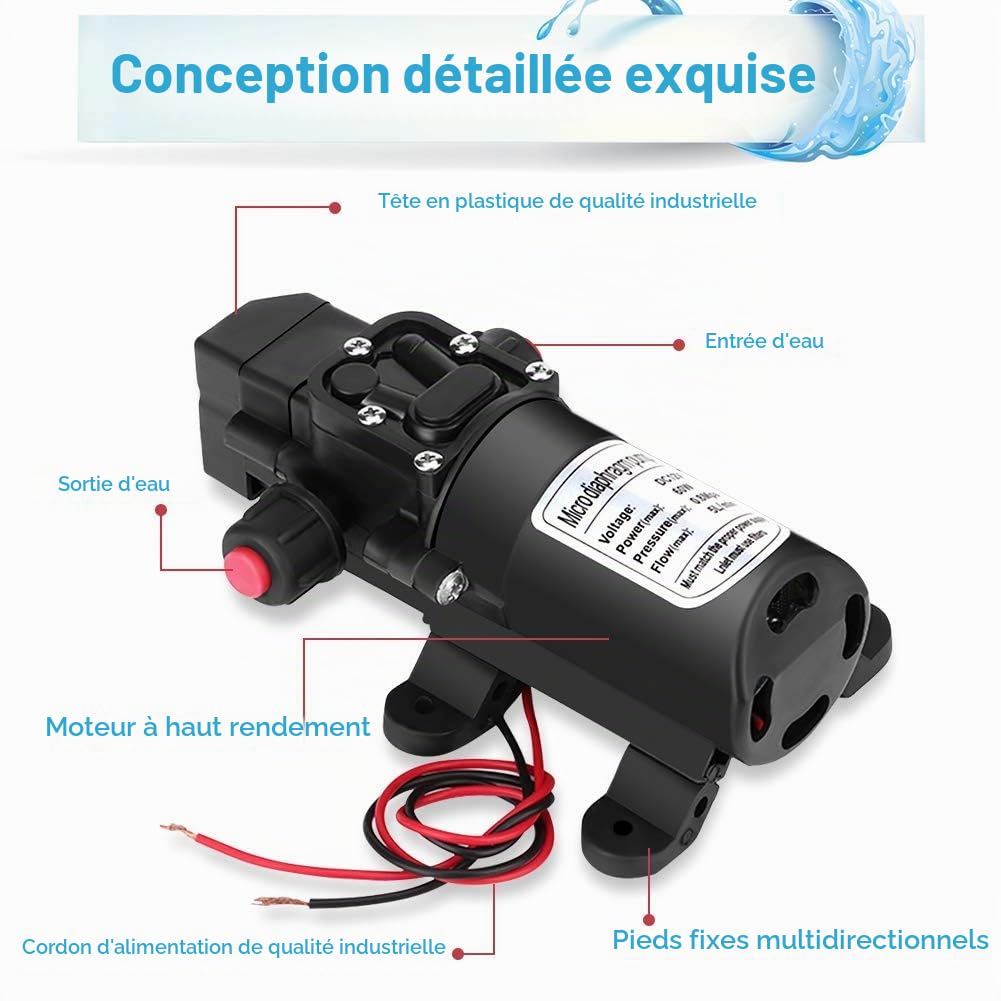 Ejoyous Pompe à Eau 12V 115Psi 5L/min 60W auto-amorçante