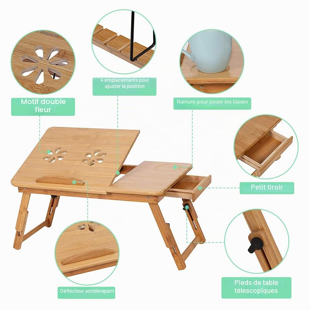 Ejoyous table de lit bambou pliable tiroir 50x30
