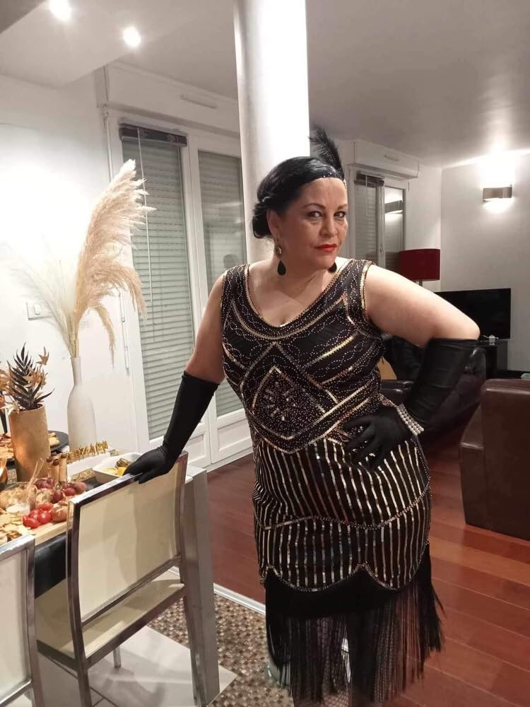 FEPITO Robe Gatsby 1920 robe Charleston à franges noir et doré taille M