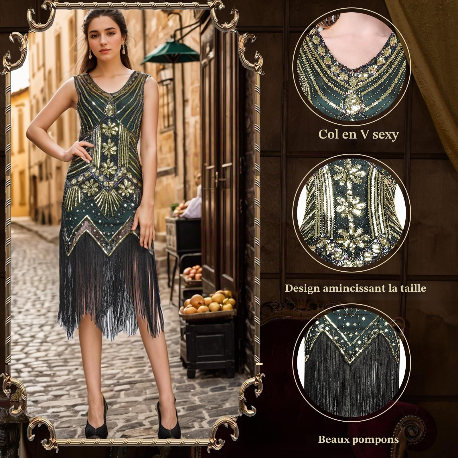 FEPITO Robe Gatsby 1920 robe Charleston à franges noir et doré taille M