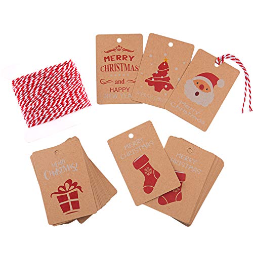 FEPITO Greeting Cards 50 étiquettes cadeau Noël kraft ficelle