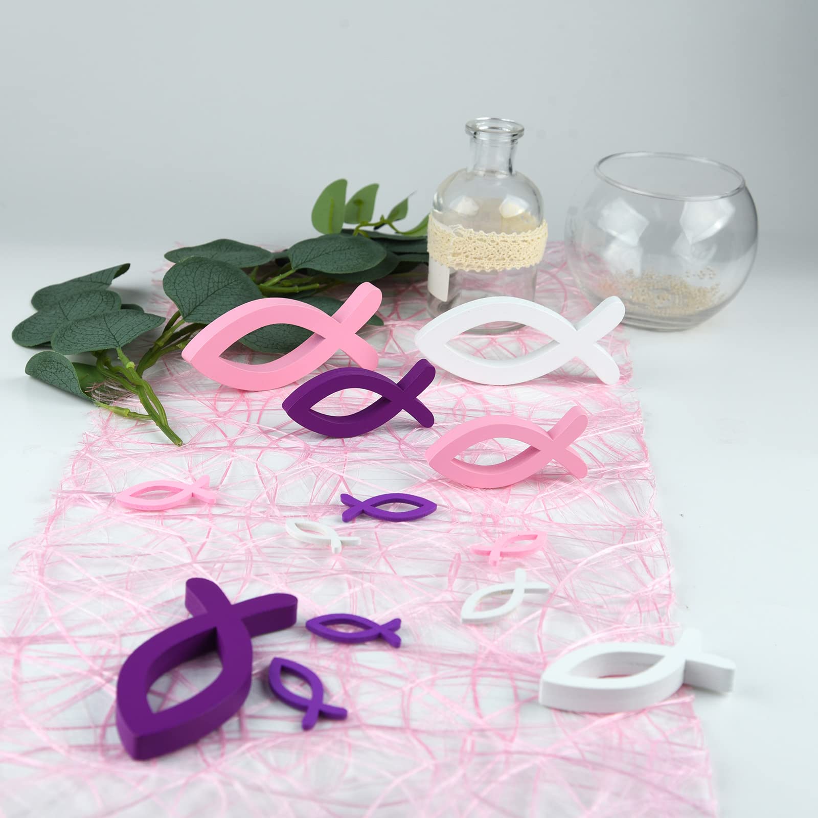 FEPITO Poisson Bois Déco Baptême Rose Violet Blanc Lot 9
