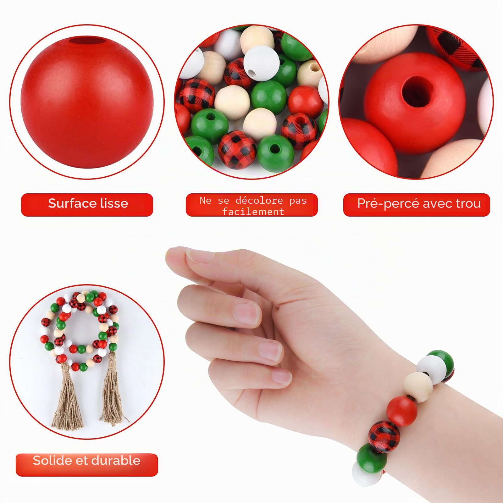 FEPITO 250 Perles Bois Noël Buffalo Plaid 16mm + Corde