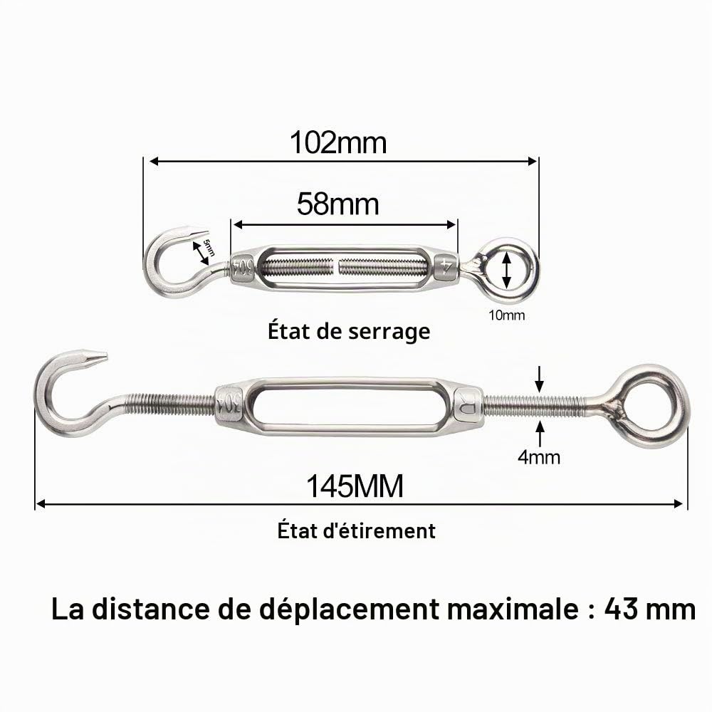 Fepito M4 Tendeur Fil Inox Crochet Oeillet Lot de 6