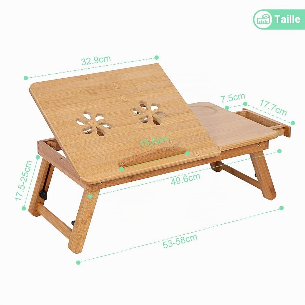 Ejoyous table de lit bambou pliable tiroir 50x30