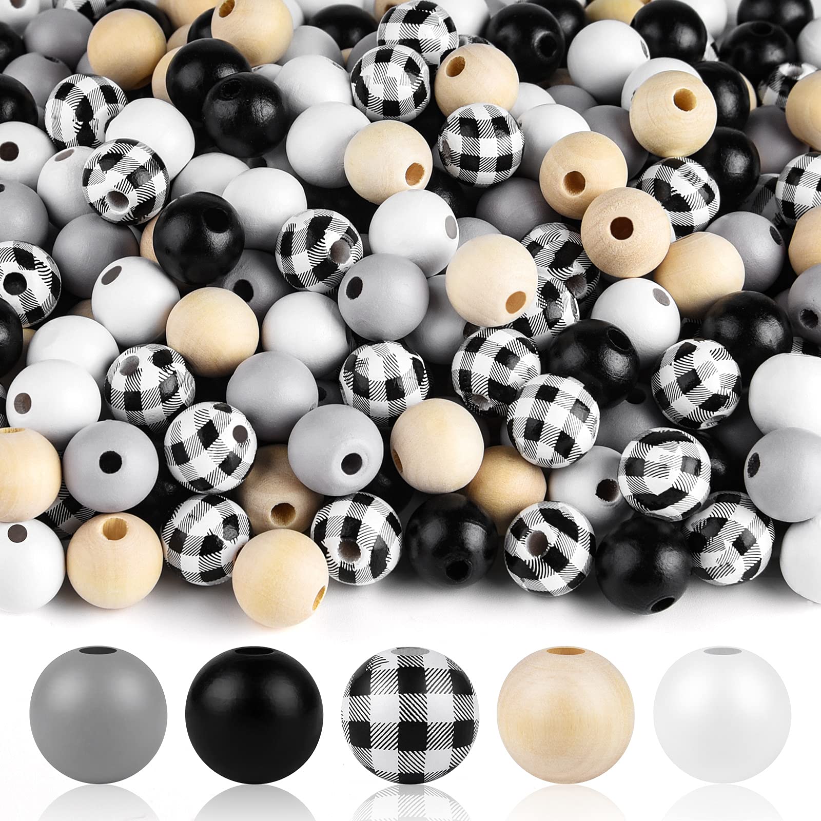 FEPITO 250 Perles Bois Noël Buffalo Plaid 16mm + Corde