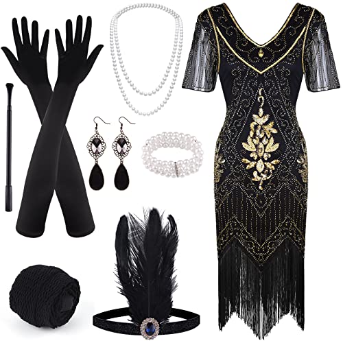 FEPITO robe charleston sequins franges années 20 avec accessoires
