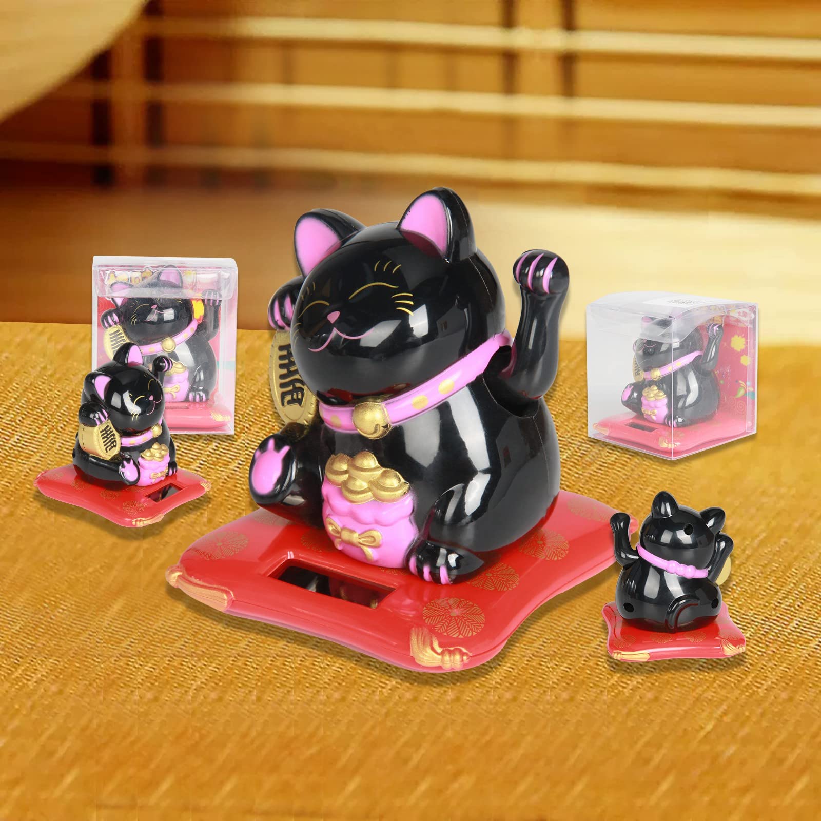 Jadeshay Maneki Neko chat porte-bonheur solaire noir