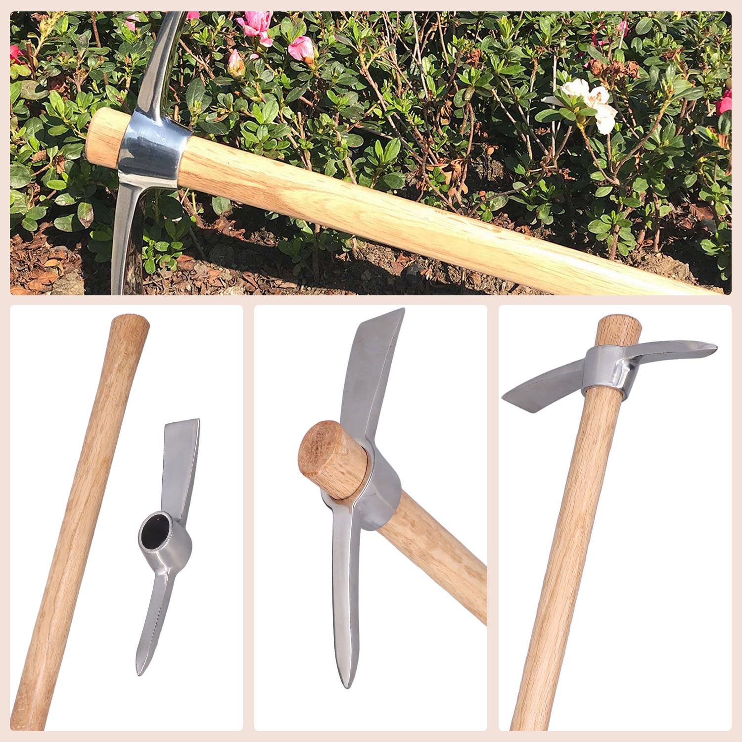 Tissting Gardening Tools pioche de jardin inox 40 cm manche bois
