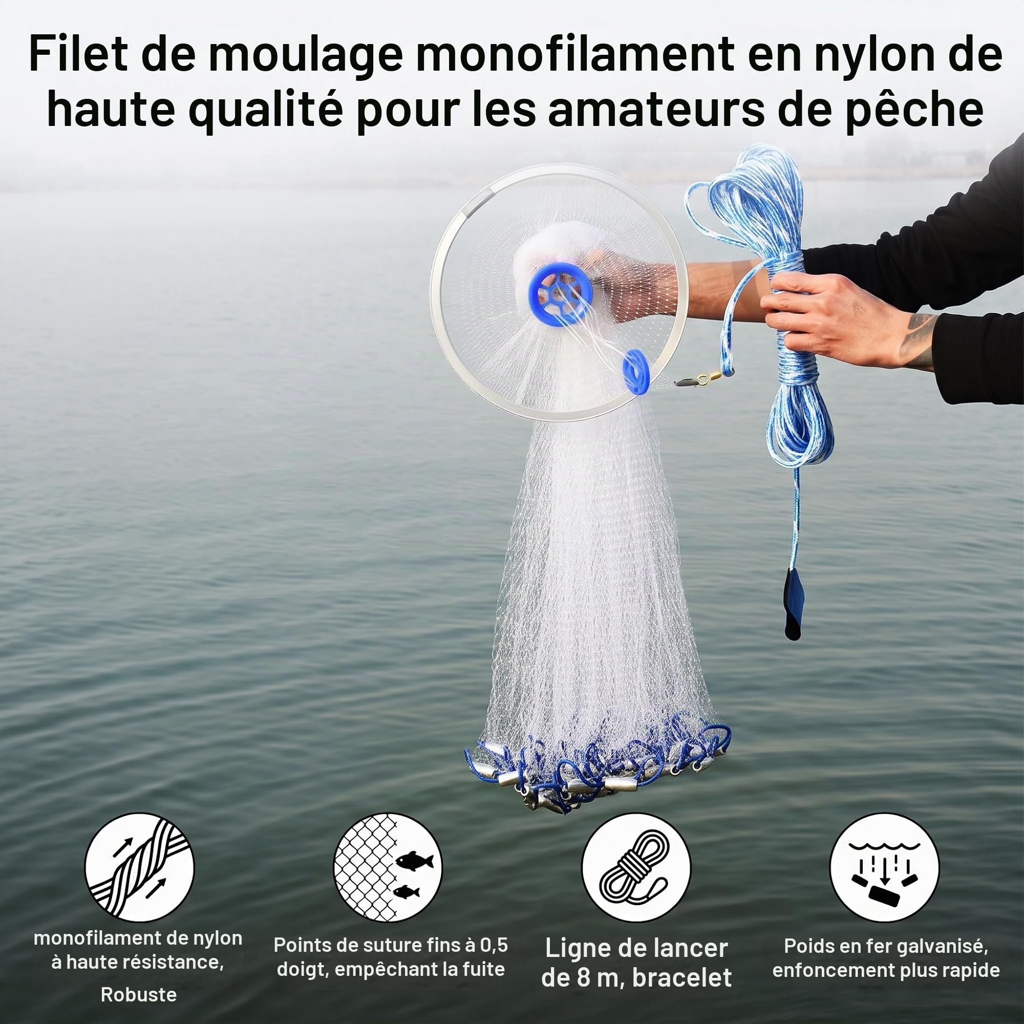 Ejoyous Sports & Equipment épervier pêche nylon 2,4 m corde 8 m