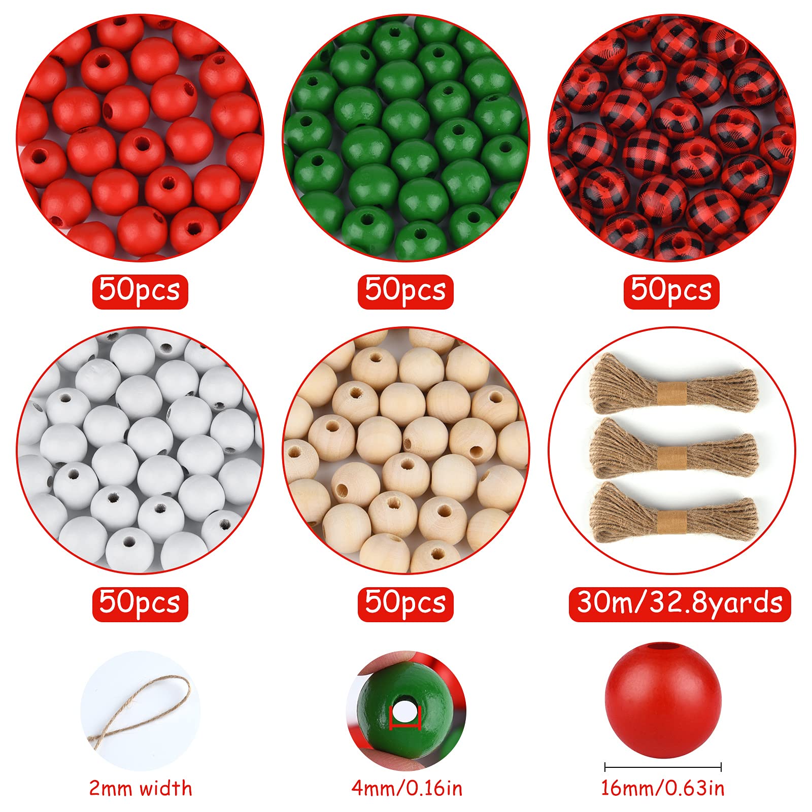 FEPITO 250 Perles Bois Noël Buffalo Plaid 16mm + Corde