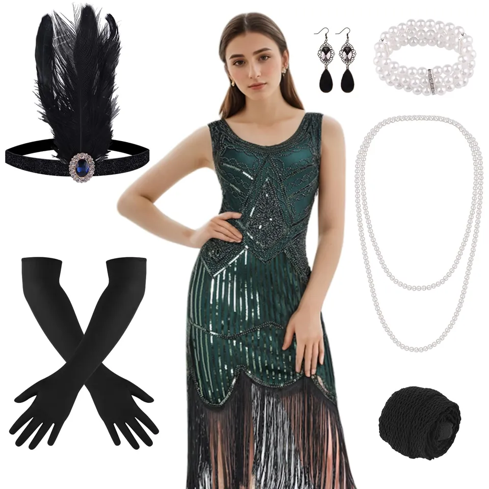 FEPITO Apparel robe charleston franges sequins col V + accessoires