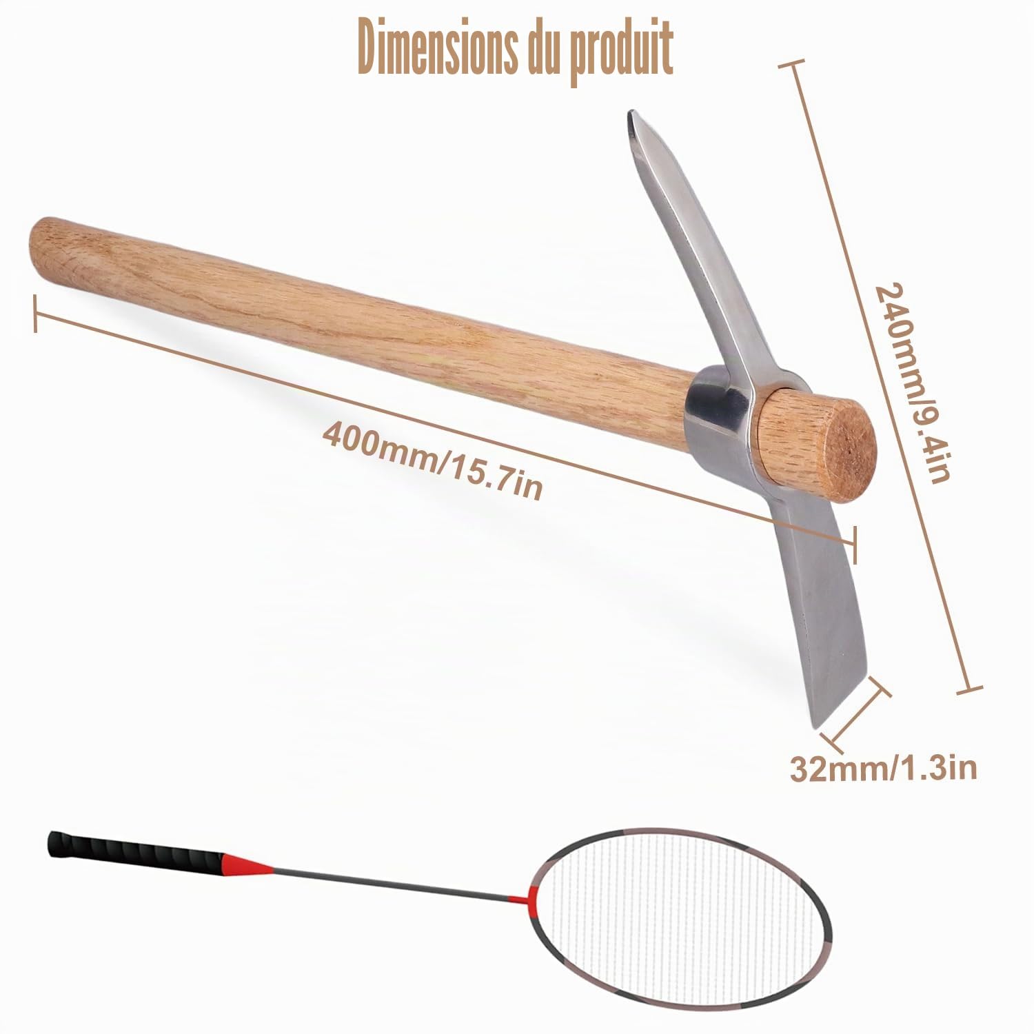Tissting Gardening Tools pioche de jardin inox 40 cm manche bois