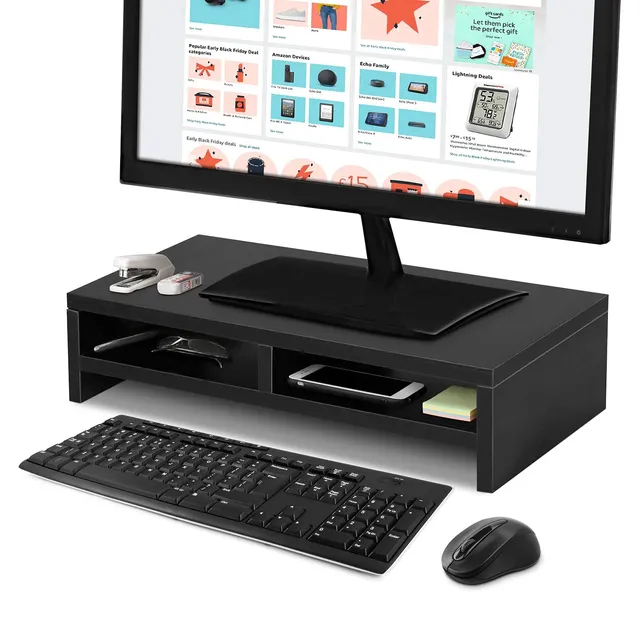 Ejoyous Computer Table support moniteur bois noir 2 tiroirs