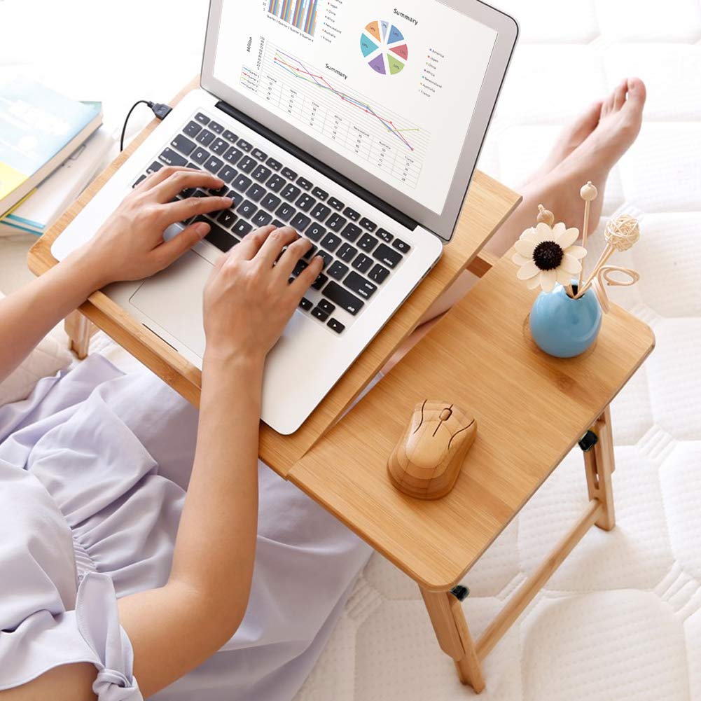 Ejoyous Table de Lit Bambou Réglable Pliable Ordinateur