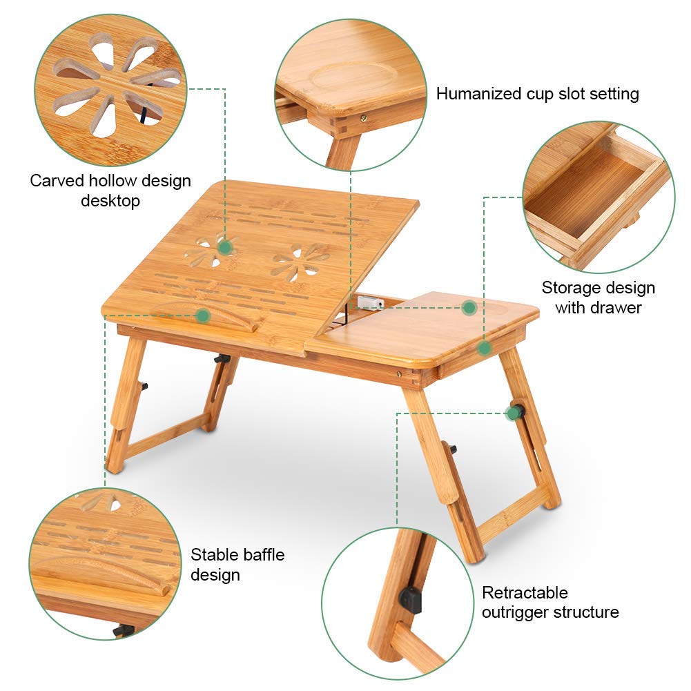 Ejoyous Table de Lit Bambou Réglable Pliable Ordinateur